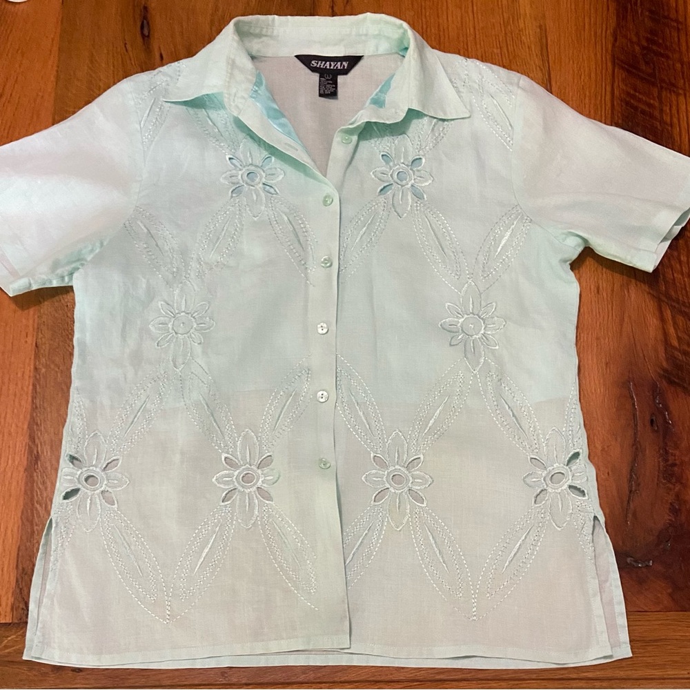 Shayan 100% Linen Vintage Mint Green Blouse, Floral Embroidery & Cut Outs, Large